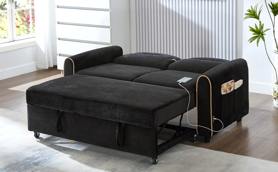 Chenille Pull Out Sofa Bed, 58-inch Sofa Bed, Sleeper Sofa, Loveseat Sofa  with Adjustable 3 -Position Backrest, 4 Side Pockets and Charging Ports for Living Room, Black