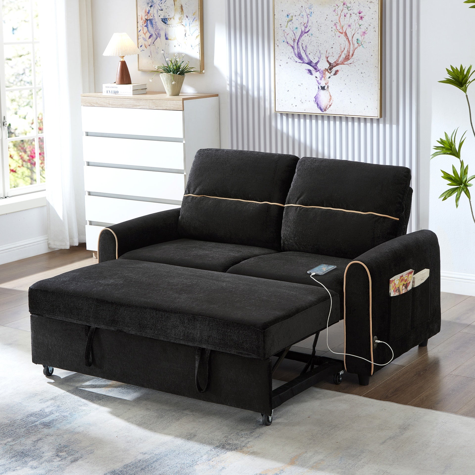 Chenille Pull Out Sofa Bed, 58-inch Sofa Bed, Sleeper Sofa, Loveseat Sofa  with Adjustable 3 -Position Backrest, 4 Side Pockets and Charging Ports for Living Room, Black