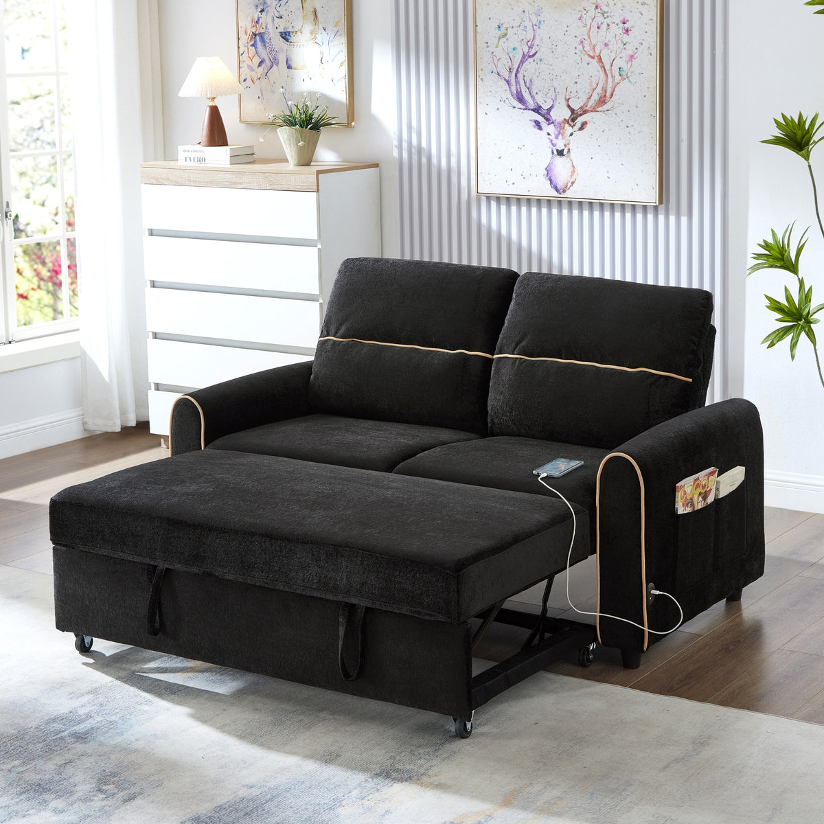 Chenille Pull Out Sofa Bed, 58-inch Sofa Bed, Sleeper Sofa, Loveseat Sofa  with Adjustable 3 -Position Backrest, 4 Side Pockets and Charging Ports for Living Room, Black
