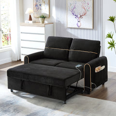 Chenille Pull Out Sofa Bed, 58-inch Sofa Bed, Sleeper Sofa, Loveseat Sofa  with Adjustable 3 -Position Backrest, 4 Side Pockets and Charging Ports for Living Room, Black