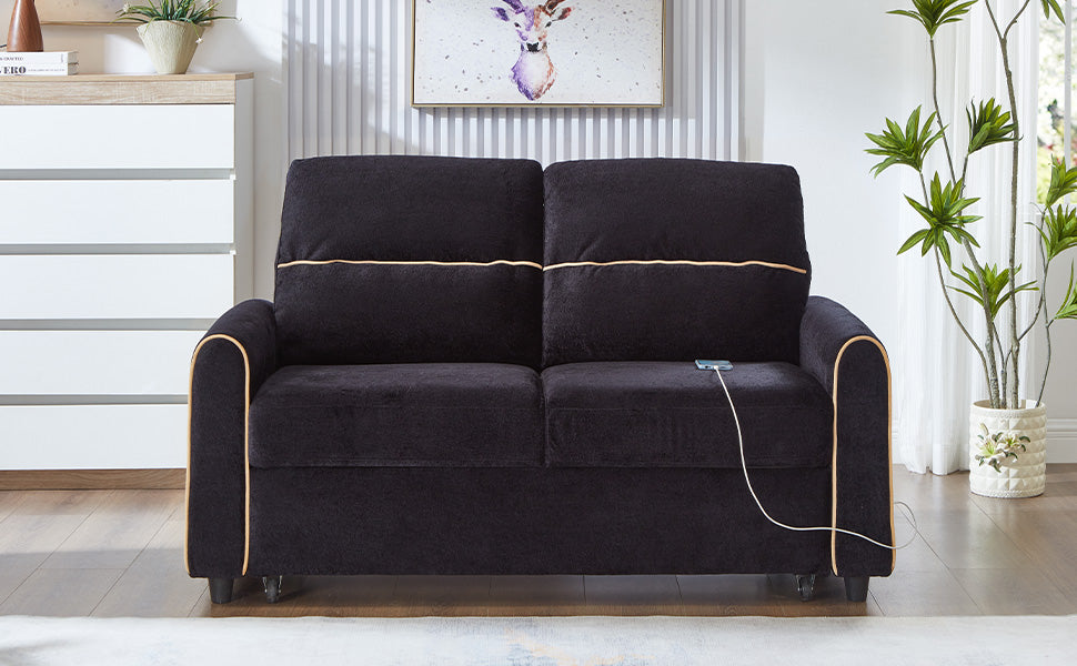 Chenille Pull Out Sofa Bed, 58-inch Sofa Bed, Sleeper Sofa, Loveseat Sofa  with Adjustable 3 -Position Backrest, 4 Side Pockets and Charging Ports for Living Room, Black