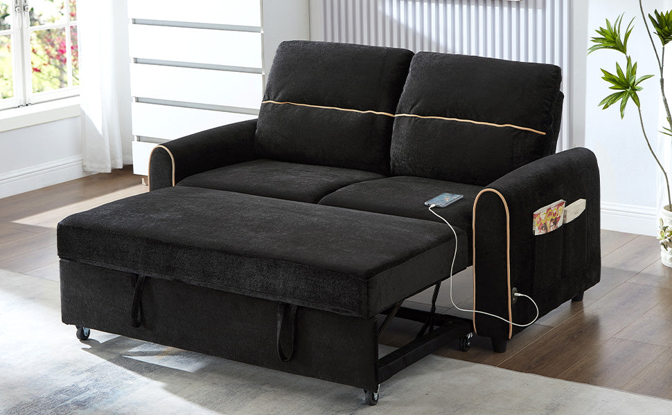 Chenille Pull Out Sofa Bed, 58-inch Sofa Bed, Sleeper Sofa, Loveseat Sofa  with Adjustable 3 -Position Backrest, 4 Side Pockets and Charging Ports for Living Room, Black