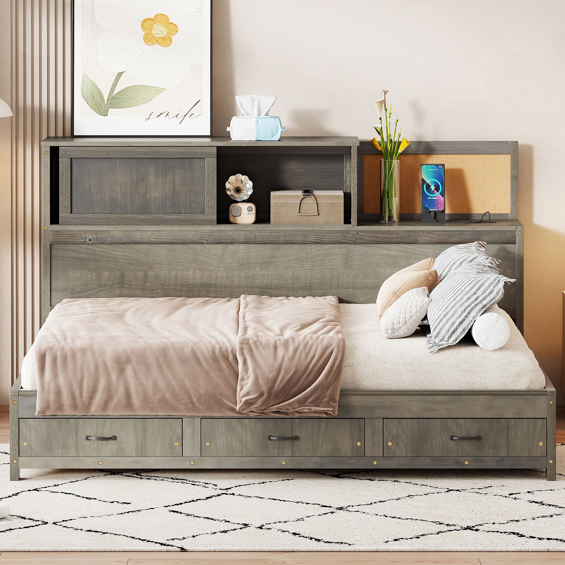 Full Size Wooden Daybed with 3 Storage Drawers, Upper Soft Board, shelf, and a set of Sockets and USB Ports, Gray