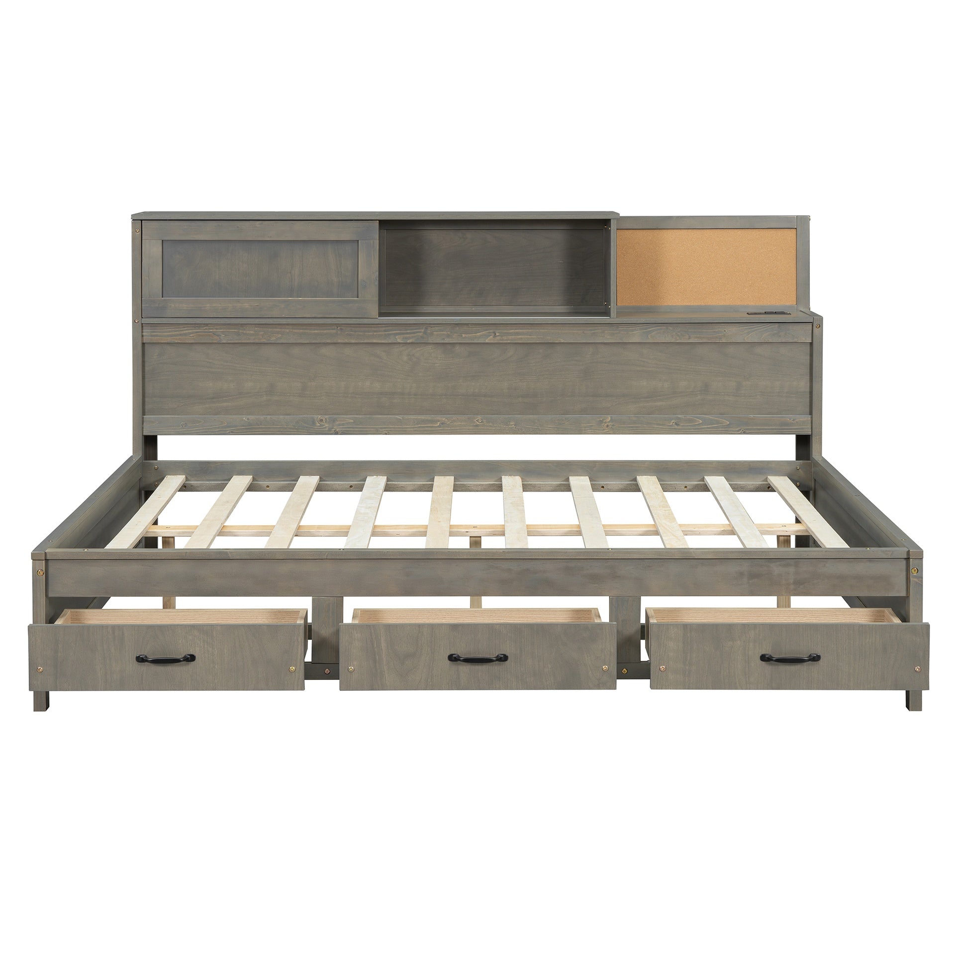 Full Size Wooden Daybed with 3 Storage Drawers, Upper Soft Board, shelf, and a set of Sockets and USB Ports, Gray