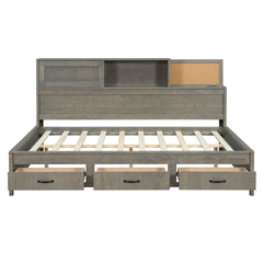 Full Size Wooden Daybed with 3 Storage Drawers, Upper Soft Board, shelf, and a set of Sockets and USB Ports, Gray