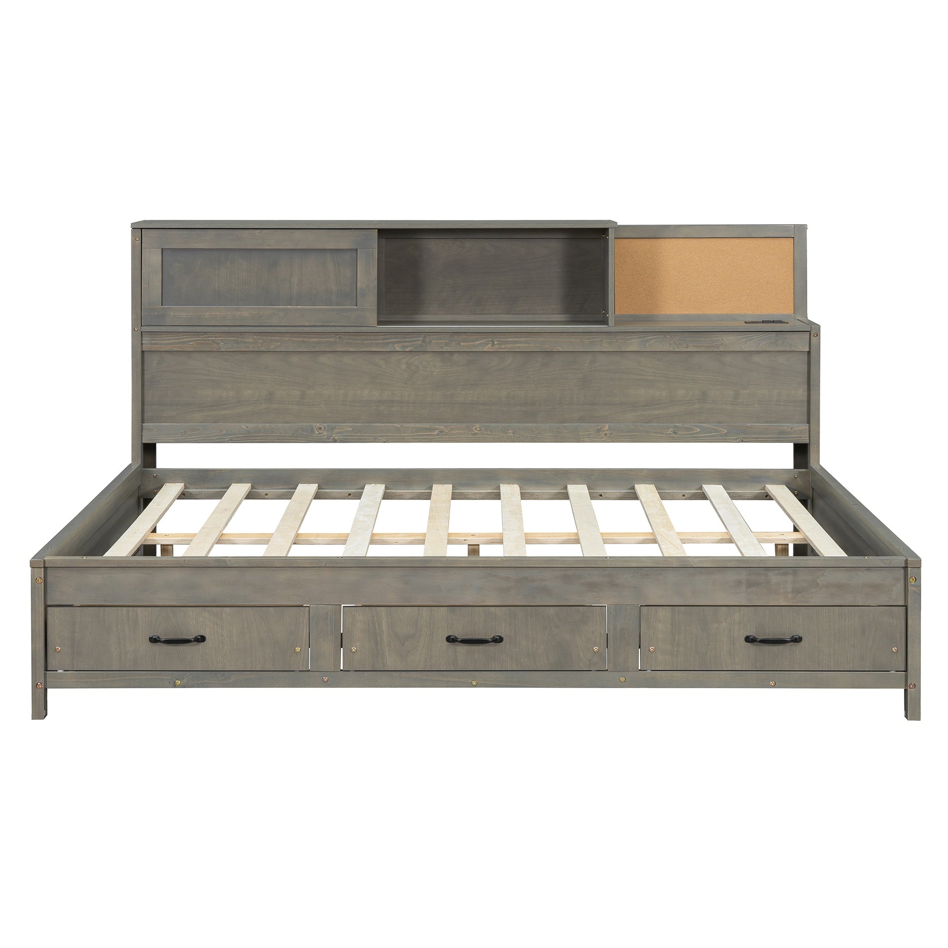 Full Size Wooden Daybed with 3 Storage Drawers, Upper Soft Board, shelf, and a set of Sockets and USB Ports, Gray