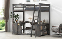 Full Size Loft Bed with U-shaped Desk, Drawers and Storage Shelves, Antique Brown