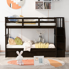 Stairway Twin-Over-Twin Bunk Bed with Three Drawers for Bedroom, Dorm - Espresso