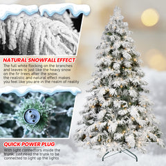 5ft Flocked Scarecrow-Shaped Christmas Tree with 200 Warm White LED Lights, 375 PVC Memory Wire Tips,Power Pole & Hinged Structure  – Realistic Snowy Holiday Tree