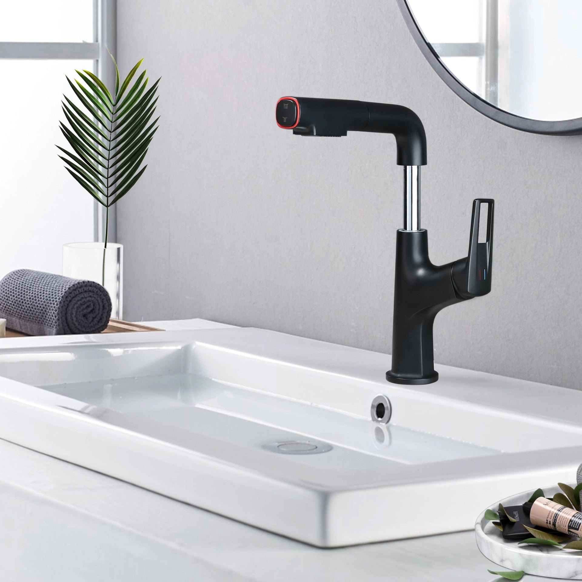 Matte Black Pull-Down Vessel Faucet - Single Hole Bathroom Sink Faucet with Lift Spout & Dual Spray Modes