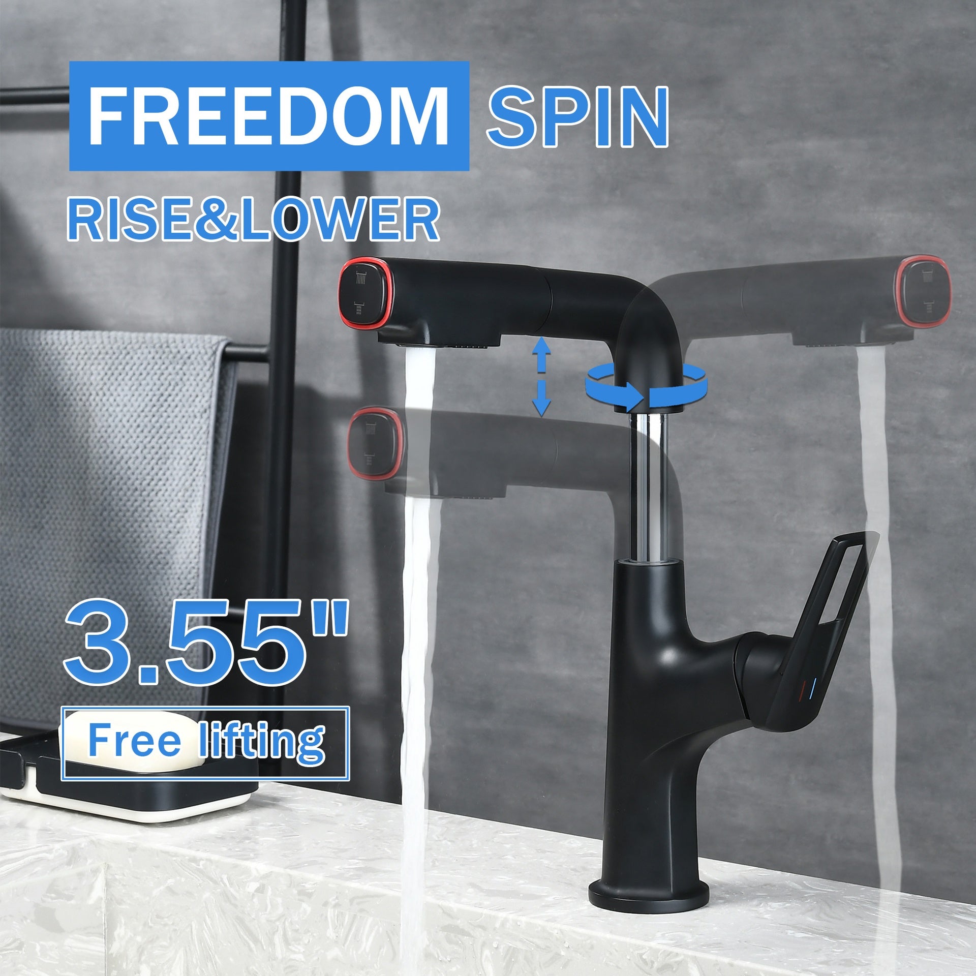 Matte Black Pull-Down Vessel Faucet - Single Hole Bathroom Sink Faucet with Lift Spout & Dual Spray Modes