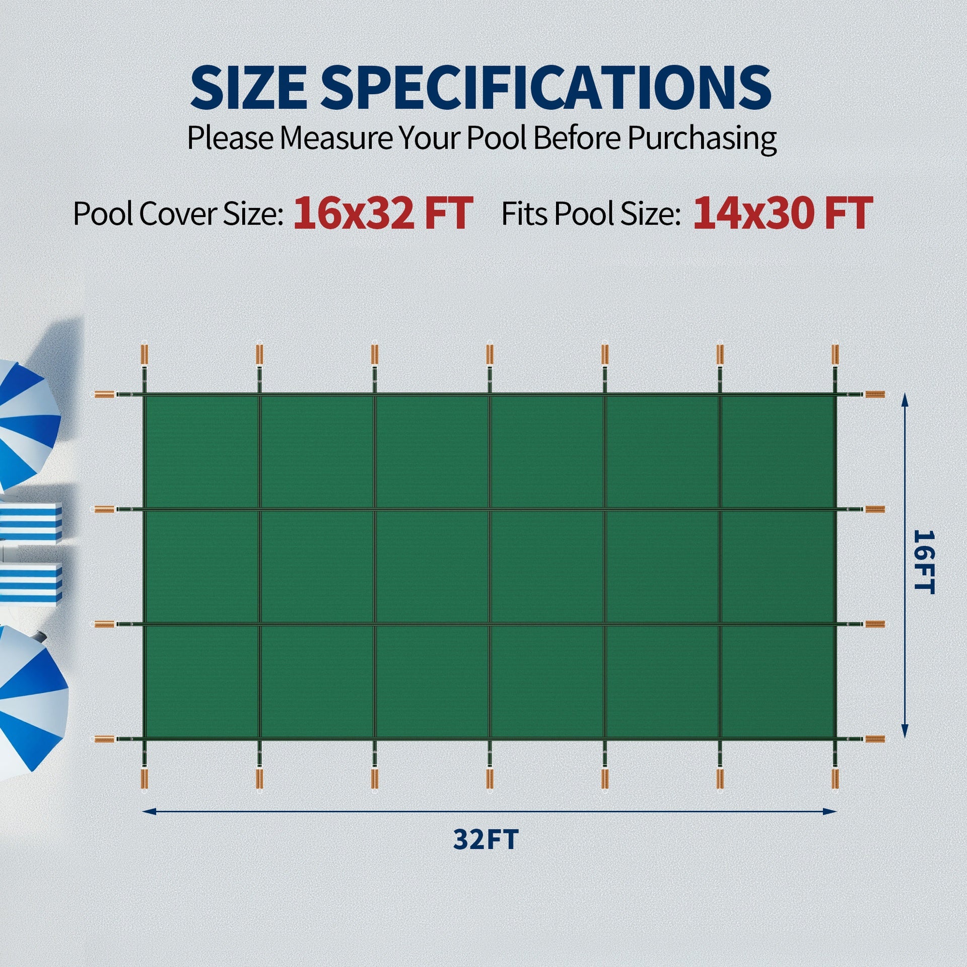 Swimming Pool Safety Cover, Fits 16x32ft Rectangular underground and Inground Swimming Pools, Triple Stitched High Strength Mesh PP Abrasion Resistant  Installation Hardware Included,Green Mesh
