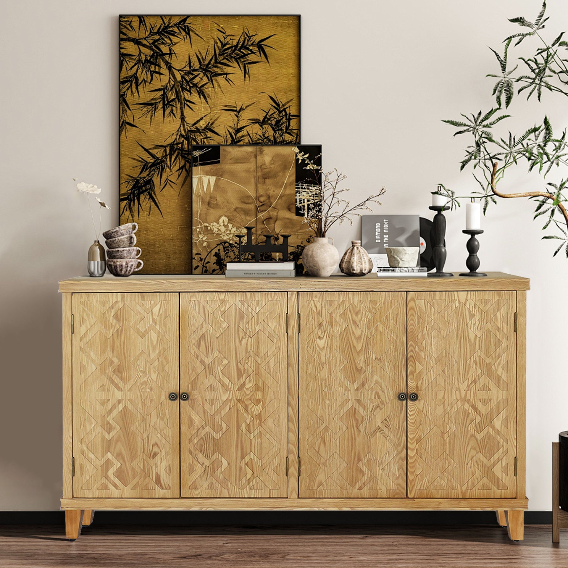 59" Brown Accent Cabinet with 4 Doors, Natural Wood Buffet Cabinet, Media Cabinet, Console Cabinet, Cabinet for Entryway, Living Room, Bedroom, Dining Room