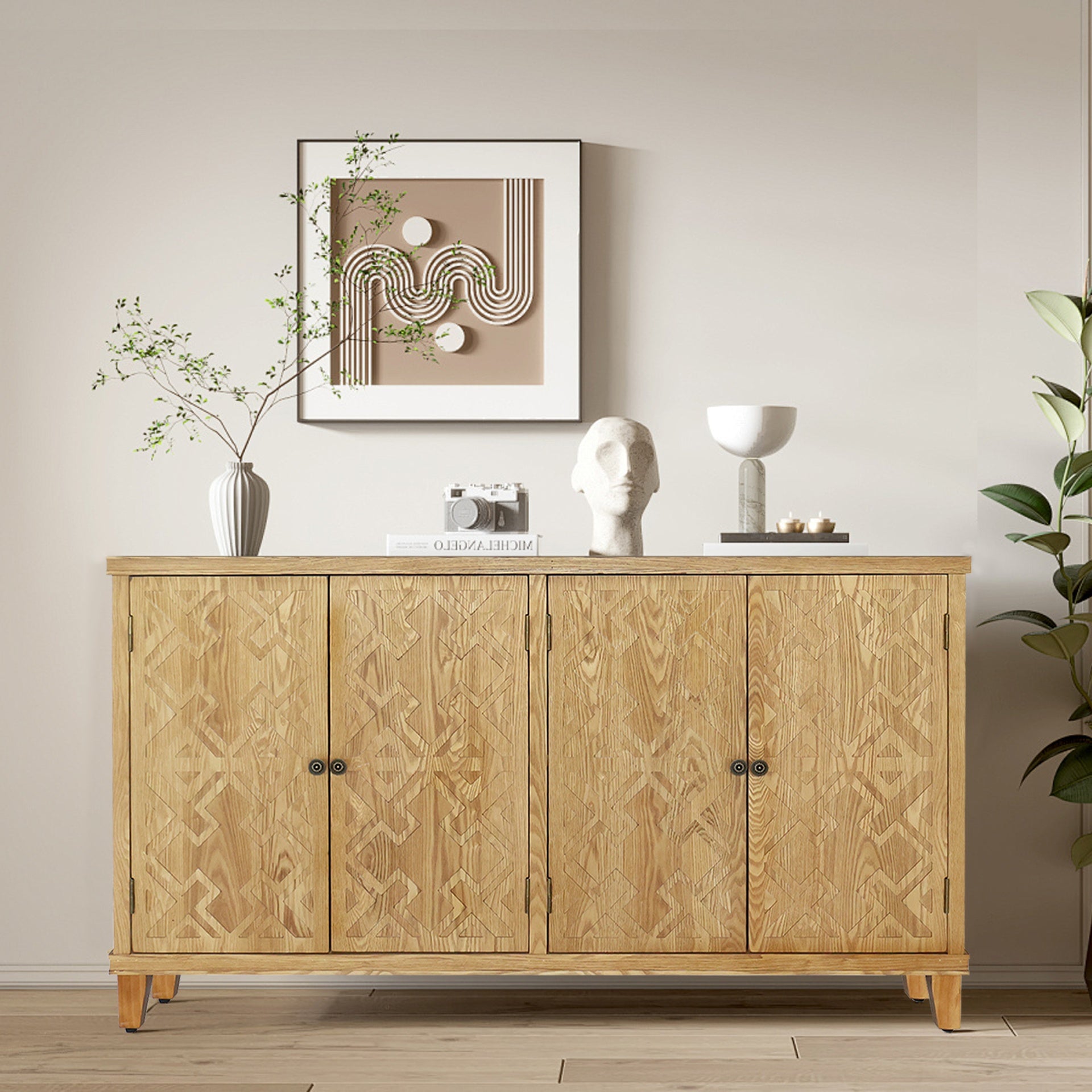 59" Brown Accent Cabinet with 4 Doors, Natural Wood Buffet Cabinet, Media Cabinet, Console Cabinet, Cabinet for Entryway, Living Room, Bedroom, Dining Room