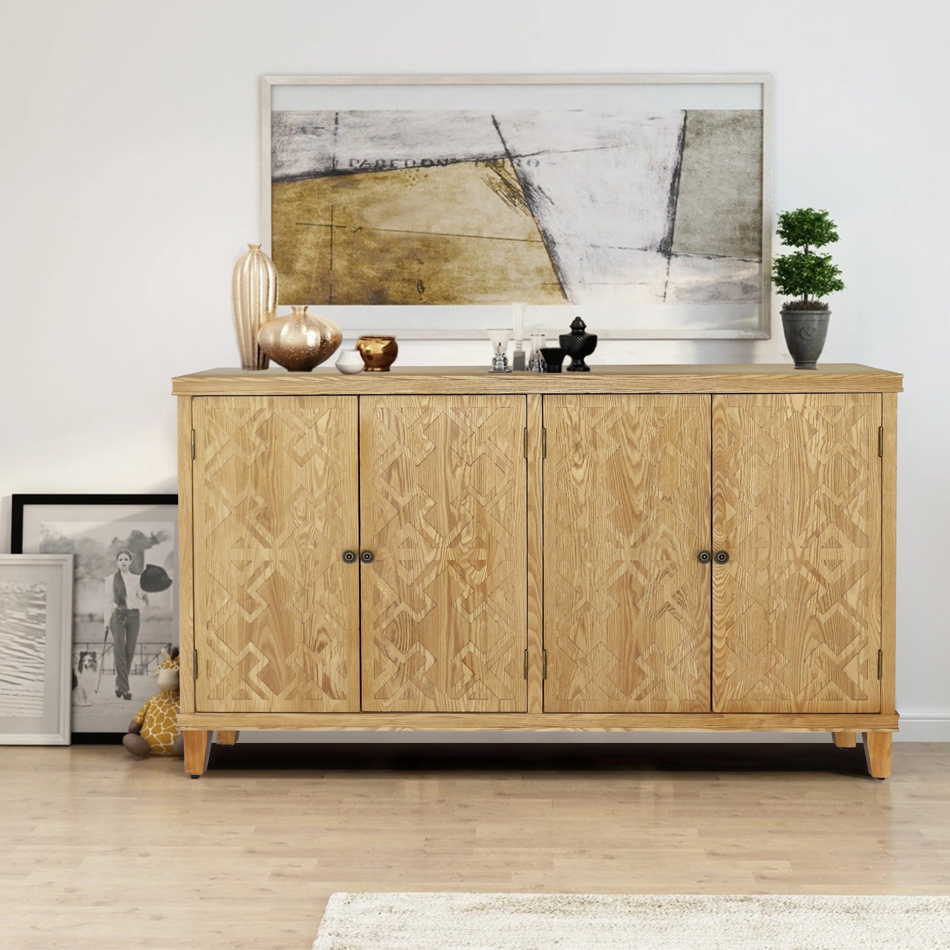59" Brown Accent Cabinet with 4 Doors, Natural Wood Buffet Cabinet, Media Cabinet, Console Cabinet, Cabinet for Entryway, Living Room, Bedroom, Dining Room