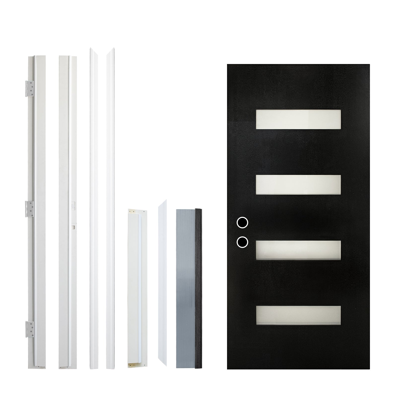 36 x 80 Fiberglass Entry Door with Brickmould, Frosted Glass - Contemporary Style for Home's Front Entrance, Right Hand Inswing, Black Finished Knock-Down Fiberglass Door with White Vinyl Frame