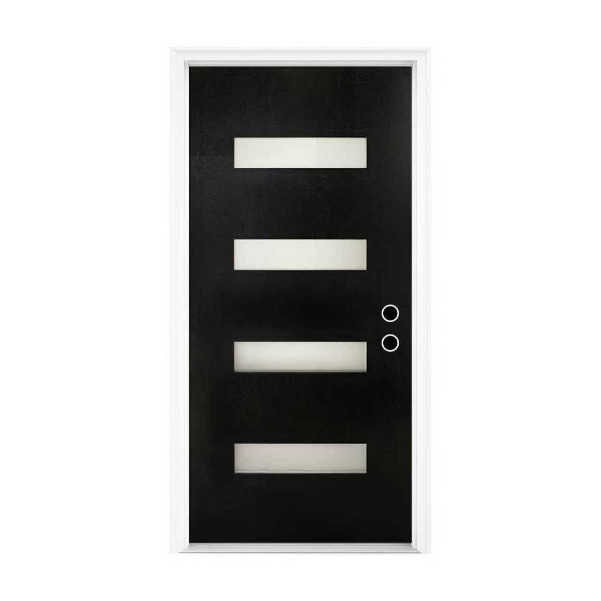 32 x 80 Fiberglass Entry Door with Brickmould, Frosted Glass, Black Finishe Knock-Down Fiberglass Door - Contemporary Style for Home's Front Entrance, Left Hand Inswing with 4-9/16 White Vinyl Frame