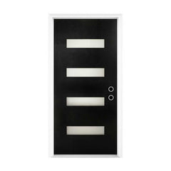 32 x 80 Fiberglass Entry Door with Brickmould, Frosted Glass, Black Finishe Knock-Down Fiberglass Door - Contemporary Style for Home's Front Entrance, Left Hand Inswing with 4-9/16 White Vinyl Frame
