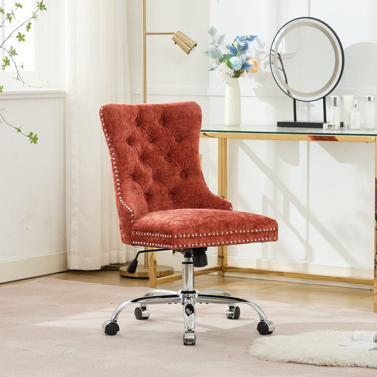 A&A Furniture Office Chair,Modern Chenille Upholstered Tufted Button Home Office Chair with Chrome Metal Base,Adjustable Desk Chair Swivel Office Chair (Orange)
