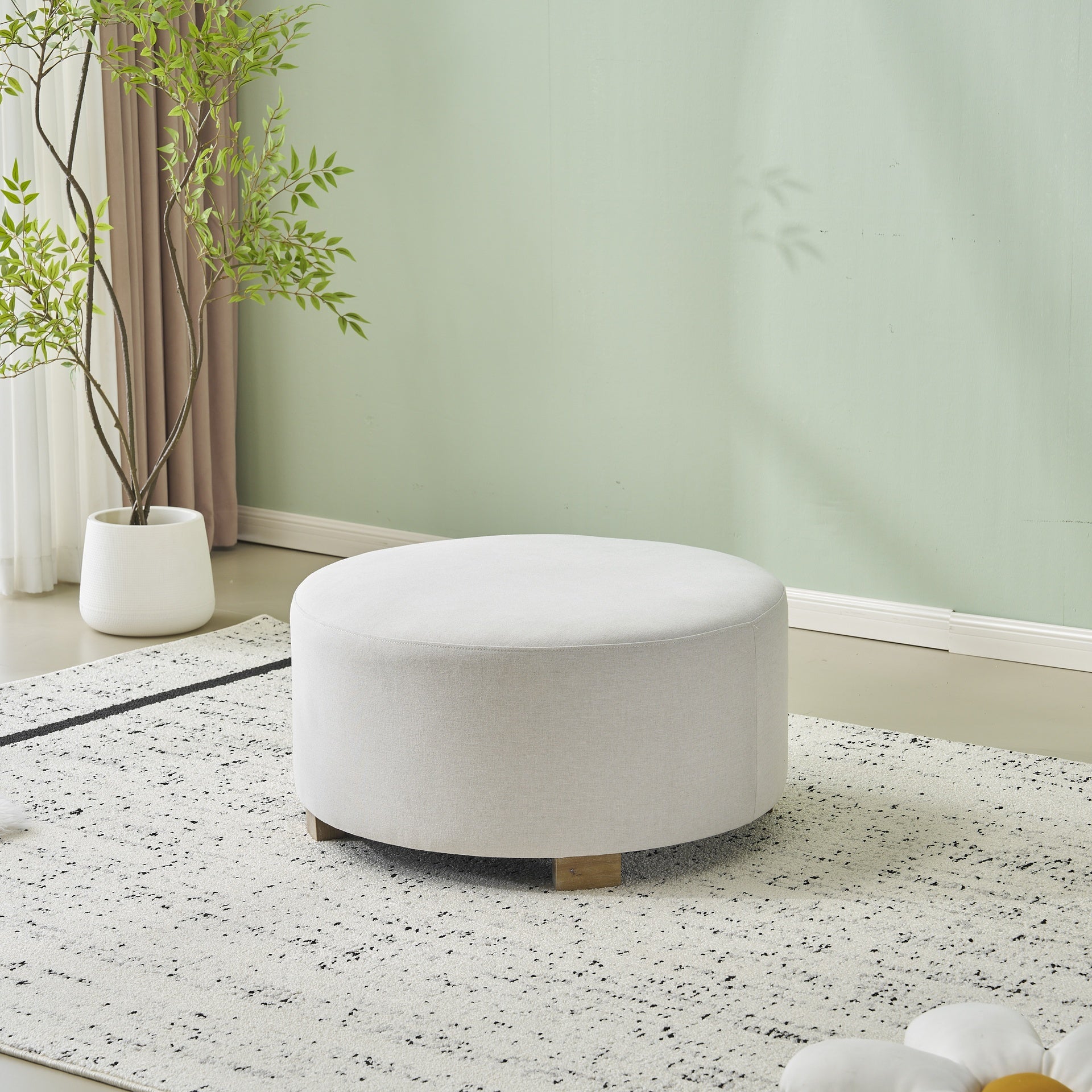 White Fabric Round Ottoman   with Wooden Legs, Modern Minimalist Ottoman