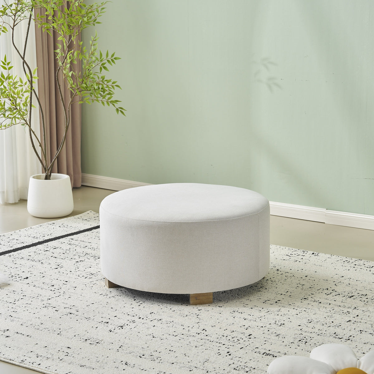White Fabric Round Ottoman   with Wooden Legs, Modern Minimalist Ottoman