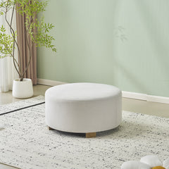 White Fabric Round Ottoman   with Wooden Legs, Modern Minimalist Ottoman