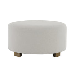 White Fabric Round Ottoman   with Wooden Legs, Modern Minimalist Ottoman
