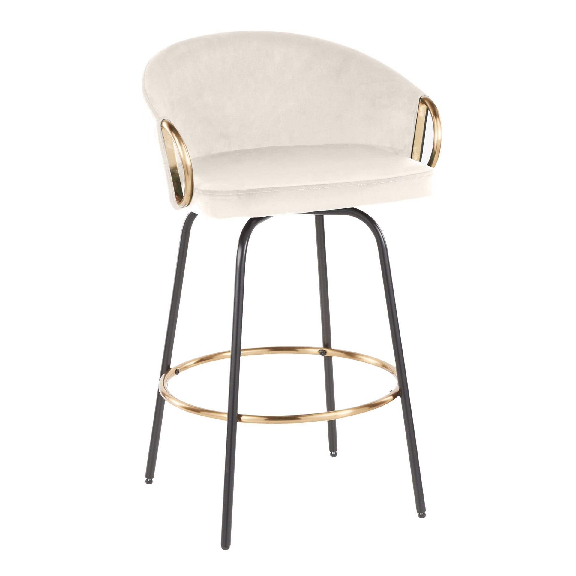 Claire 26" Contemporary/Glam Fixed Height Counter Stool with Swivel in Black Metal and Cream Velvet with Gold Metal Accents by LumiSource - Set of 2