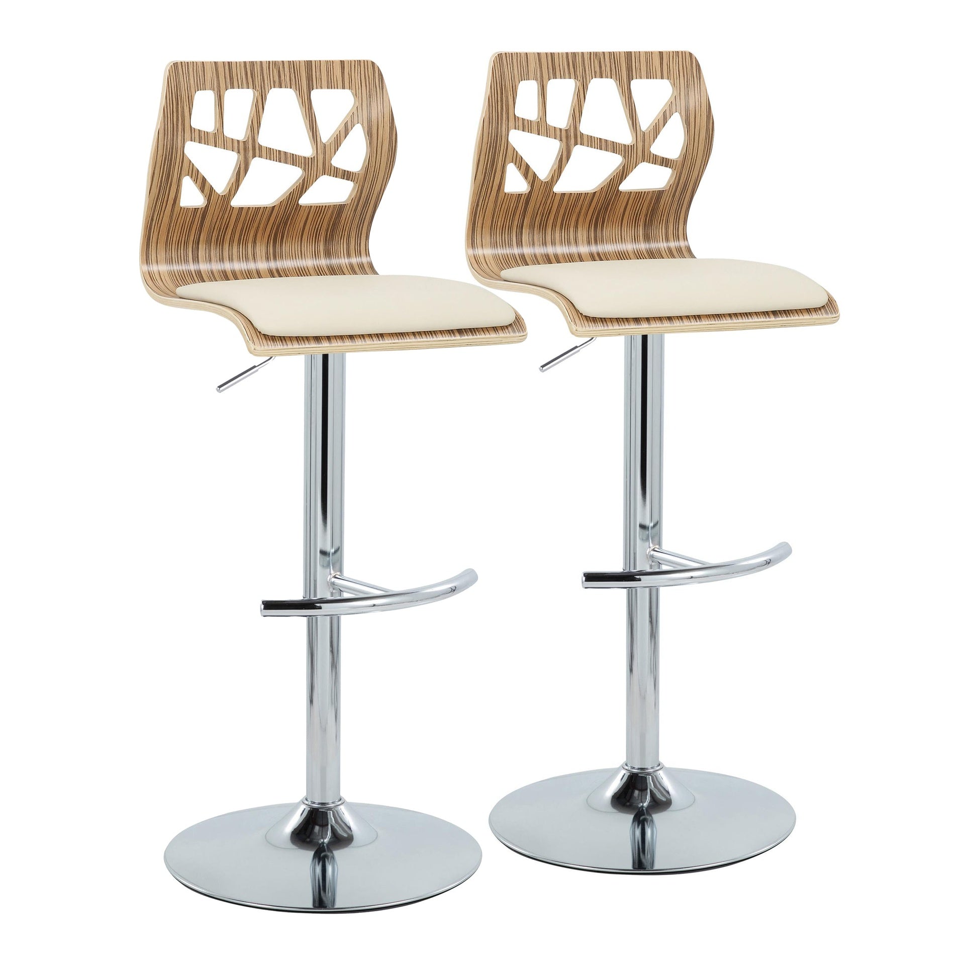 Folia Mid-Century Modern Adjustable Barstool with Swivel in Chrome Metal, Zebra Wood and Cream Faux Leather with Rounded T Footrest by LumiSource - Set of 2