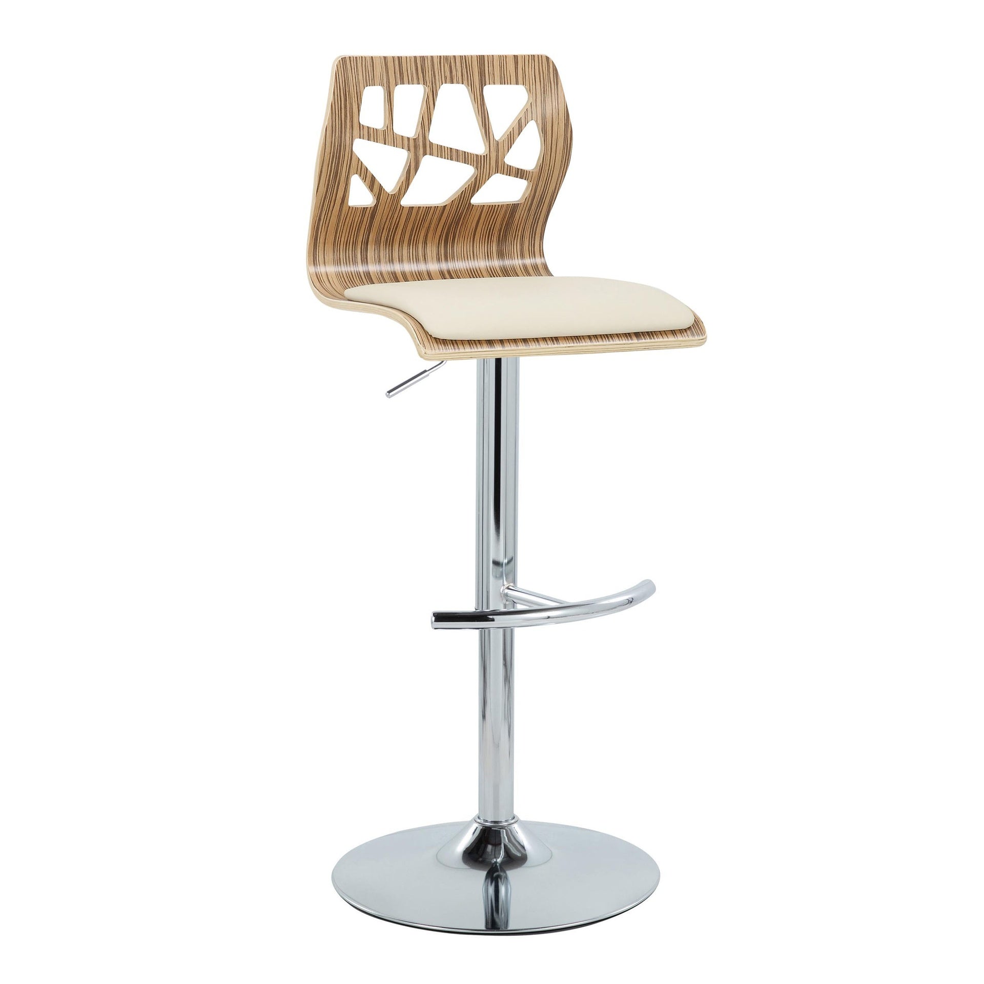 Folia Mid-Century Modern Adjustable Barstool with Swivel in Chrome Metal, Zebra Wood and Cream Faux Leather with Rounded T Footrest by LumiSource - Set of 2