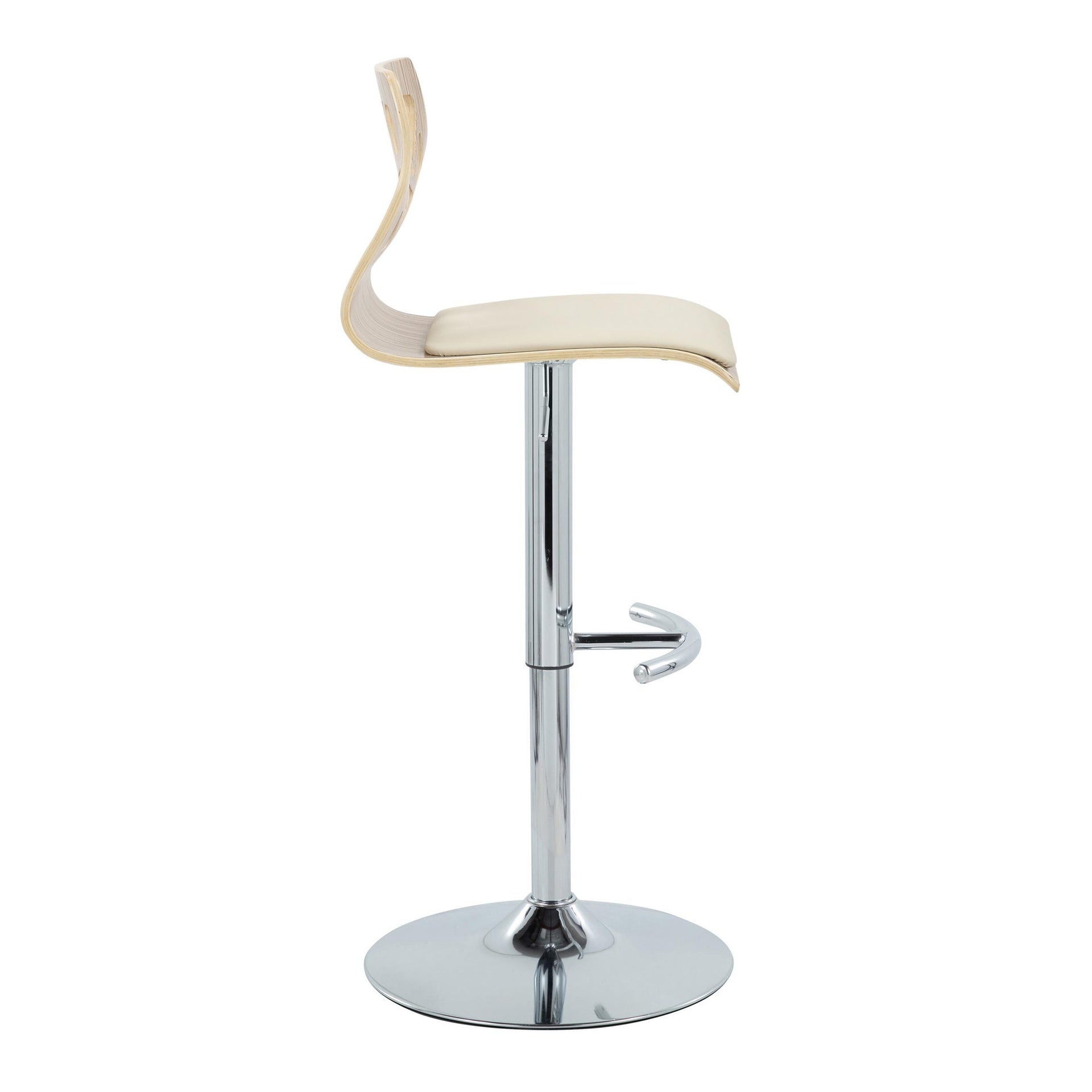 Folia Mid-Century Modern Adjustable Barstool with Swivel in Chrome Metal, Zebra Wood and Cream Faux Leather with Rounded T Footrest by LumiSource - Set of 2