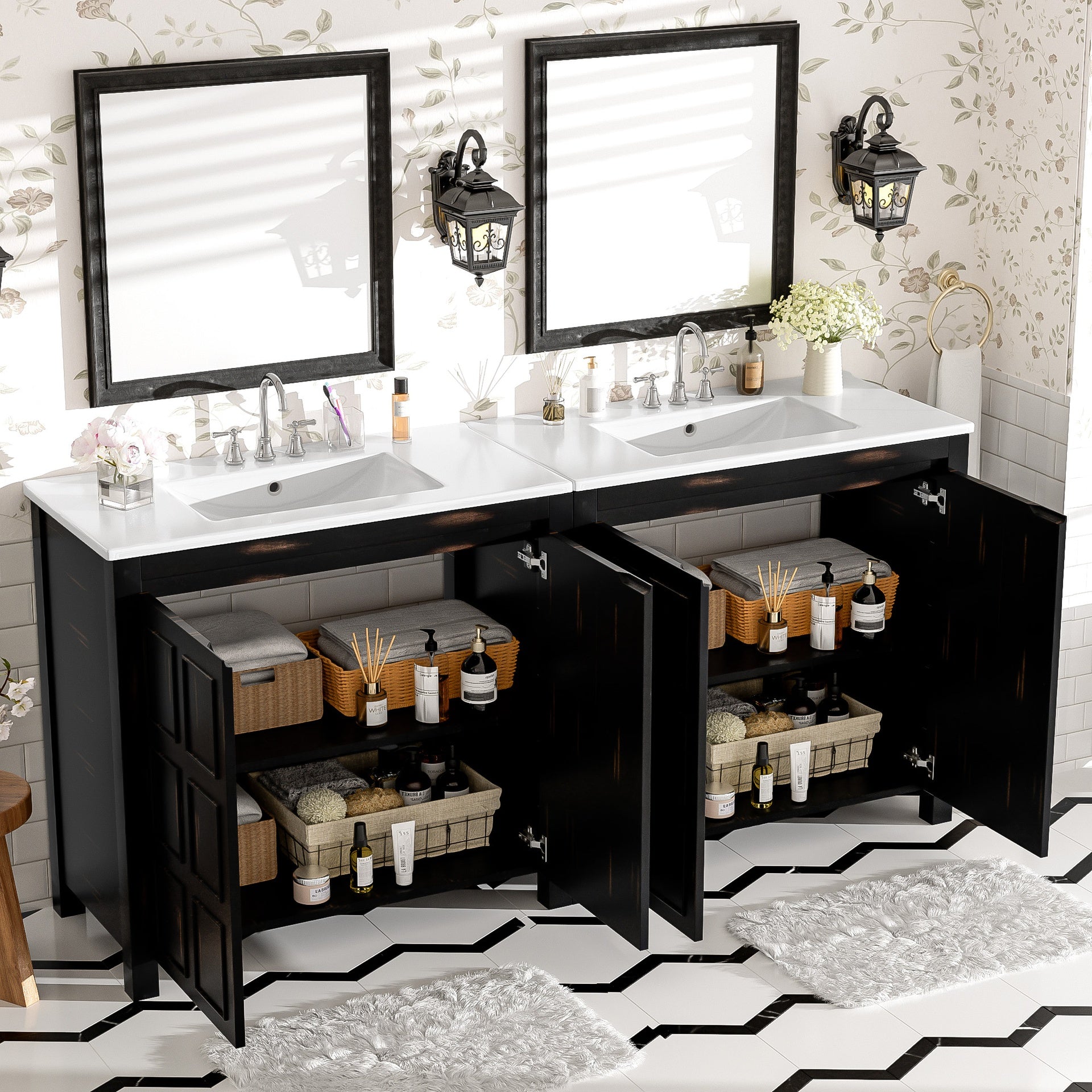 72" Bathroom Vanity Set with Double Vanities (Separate), Double Ceramic Sinks, Soft-Close Doors & Adjustable Shelf – Retro Espresso Storage Cabinet for Stylish Bathroom Organization