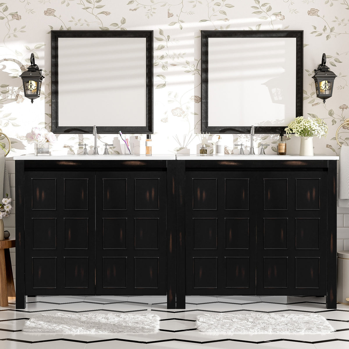 72" Bathroom Vanity Set with Double Vanities (Separate), Double Ceramic Sinks, Soft-Close Doors & Adjustable Shelf – Retro Espresso Storage Cabinet for Stylish Bathroom Organization