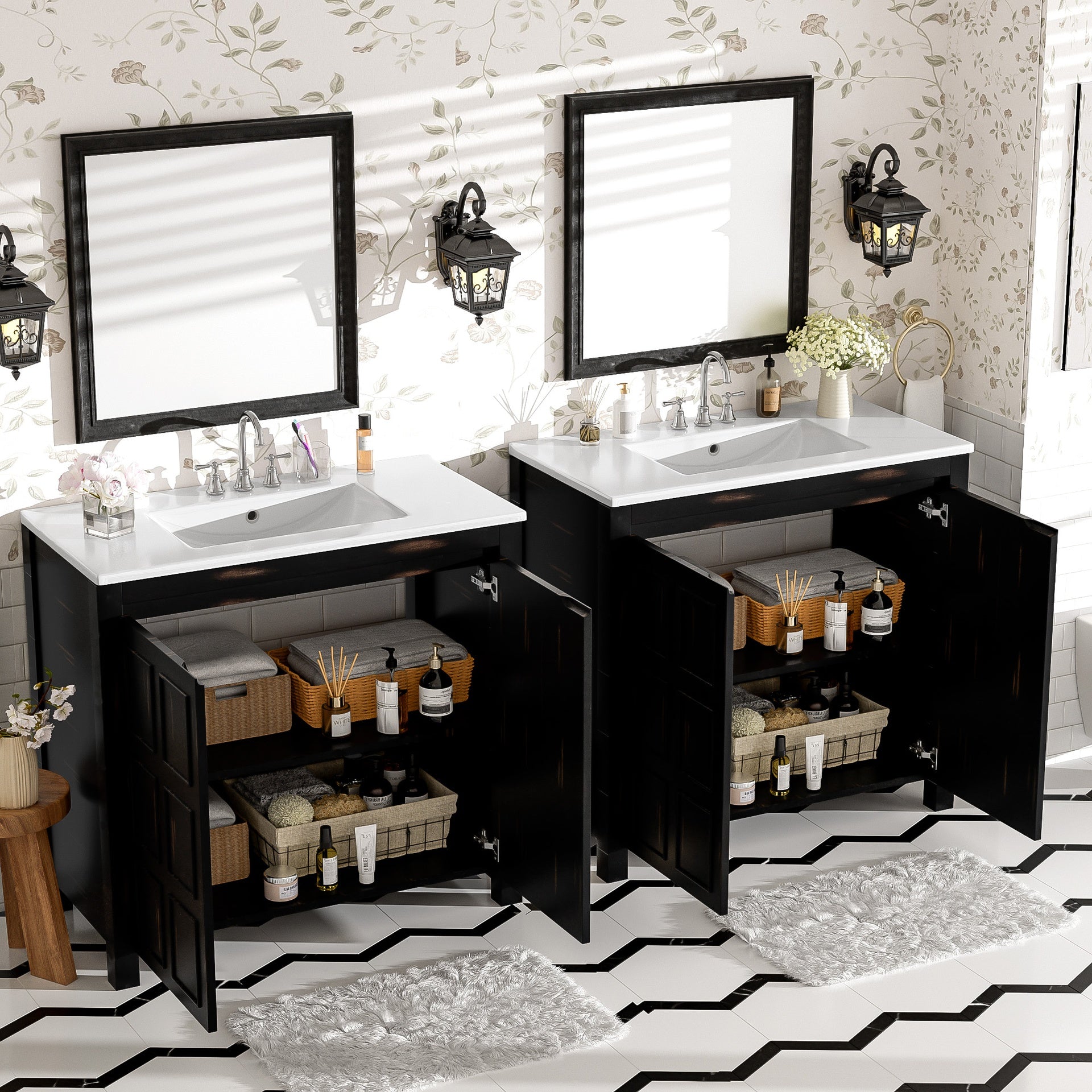 72" Bathroom Vanity Set with Double Vanities (Separate), Double Ceramic Sinks, Soft-Close Doors & Adjustable Shelf – Retro Espresso Storage Cabinet for Stylish Bathroom Organization