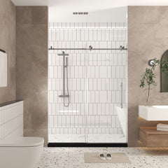 Frameless shower door 56-60 "W x 76" H, 1/4 "(6 mm) Clear Tempered Glass, Explosion Proof Film, Stainless Steel Handle,Brushed Nickel