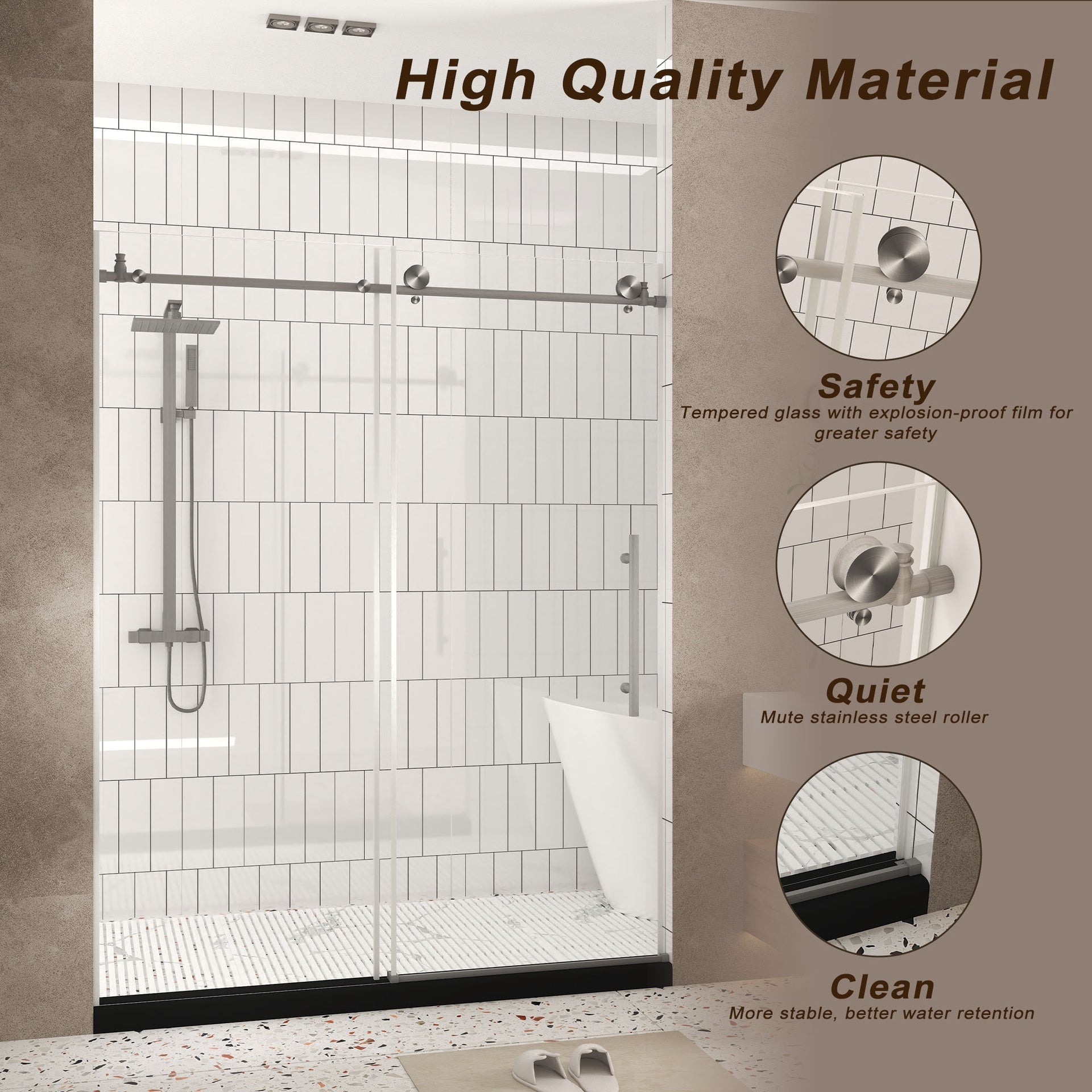 Frameless shower door 56-60 "W x 76" H, 1/4 "(6 mm) Clear Tempered Glass, Explosion Proof Film, Stainless Steel Handle,Brushed Nickel