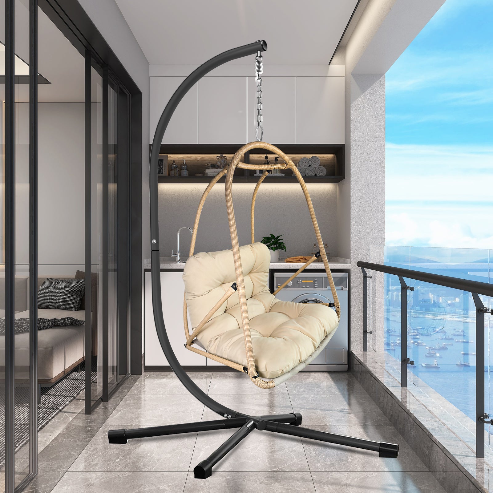 Swing Egg Chair with Stand Indoor Outdoor Wicker Rattan Patio Basket Hanging Chair with C Type bracket , with cushion and pillow,Patio Wicker folding Hanging Chair( Special construction cup holder