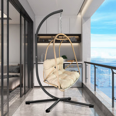 Swing Egg Chair with Stand Indoor Outdoor Wicker Rattan Patio Basket Hanging Chair with C Type bracket , with cushion and pillow,Patio Wicker folding Hanging Chair( Special construction cup holder
