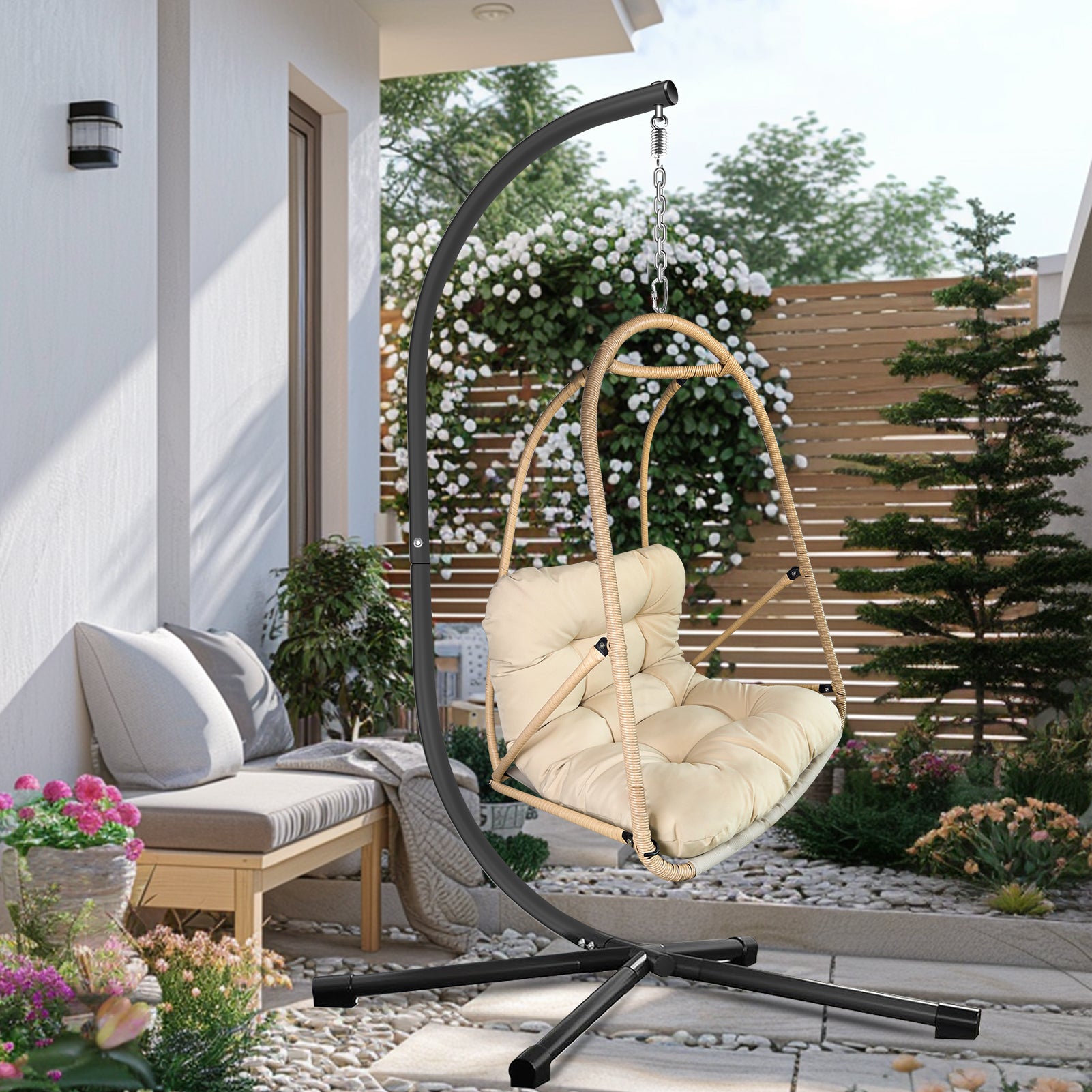 Swing Egg Chair with Stand Indoor Outdoor Wicker Rattan Patio Basket Hanging Chair with C Type bracket , with cushion and pillow,Patio Wicker folding Hanging Chair( Special construction cup holder