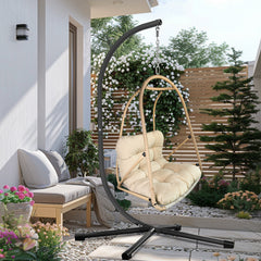Swing Egg Chair with Stand Indoor Outdoor Wicker Rattan Patio Basket Hanging Chair with C Type bracket , with cushion and pillow,Patio Wicker folding Hanging Chair( Special construction cup holder