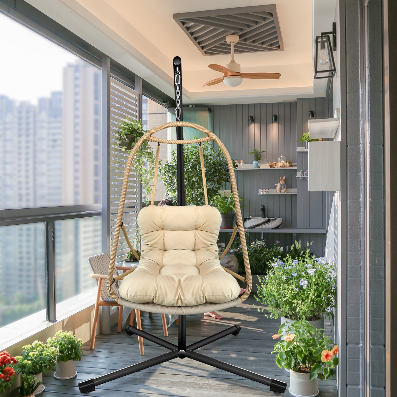 Swing Egg Chair with Stand Indoor Outdoor Wicker Rattan Patio Basket Hanging Chair with C Type bracket , with cushion and pillow,Patio Wicker folding Hanging Chair( Special construction cup holder