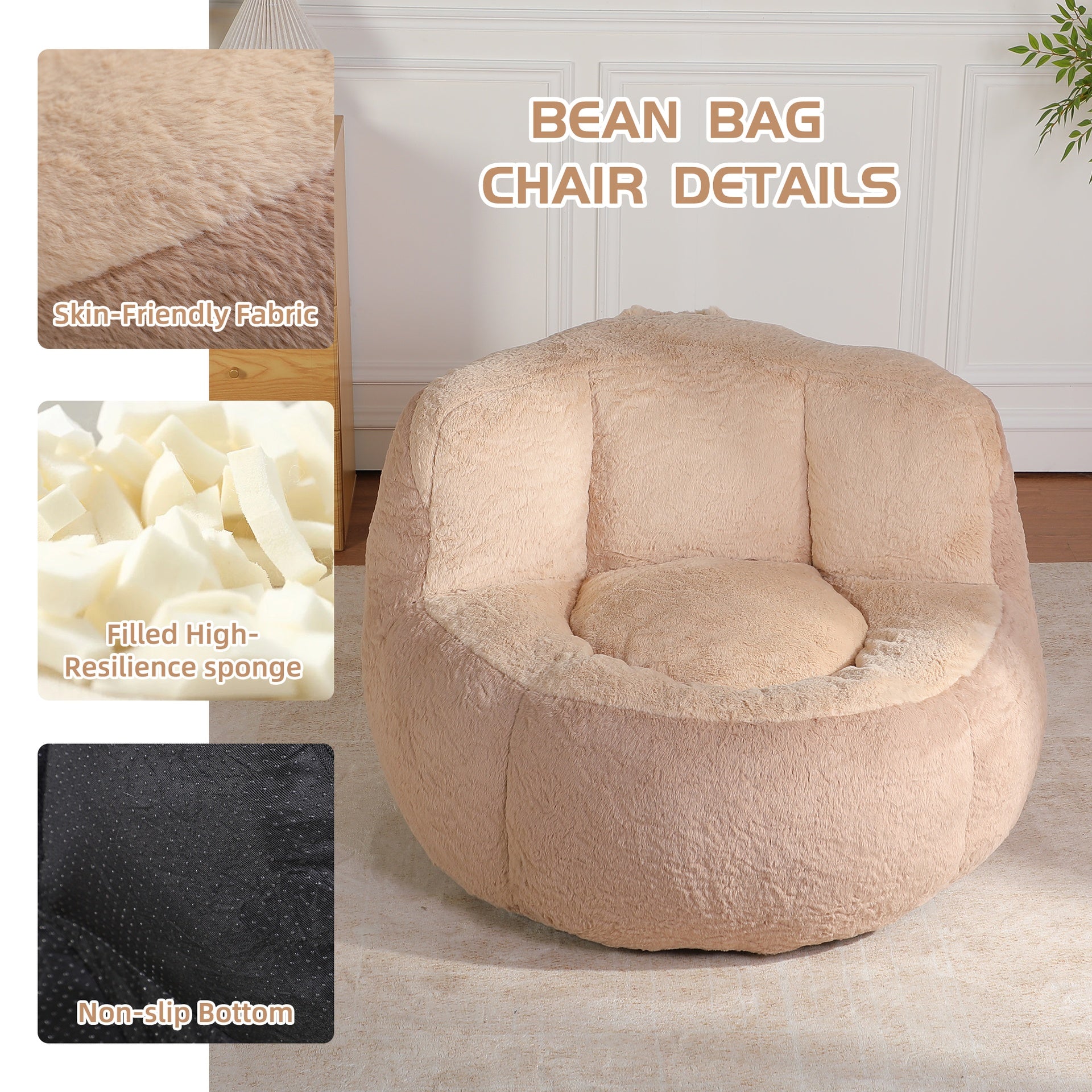 Oversized Bean Bag Chairs,Multicolor Faux Fur Couch Filled with Shredded Sponge,Large Lounger Sofa For Living Room,No Assembly Required ,Brown+Camel