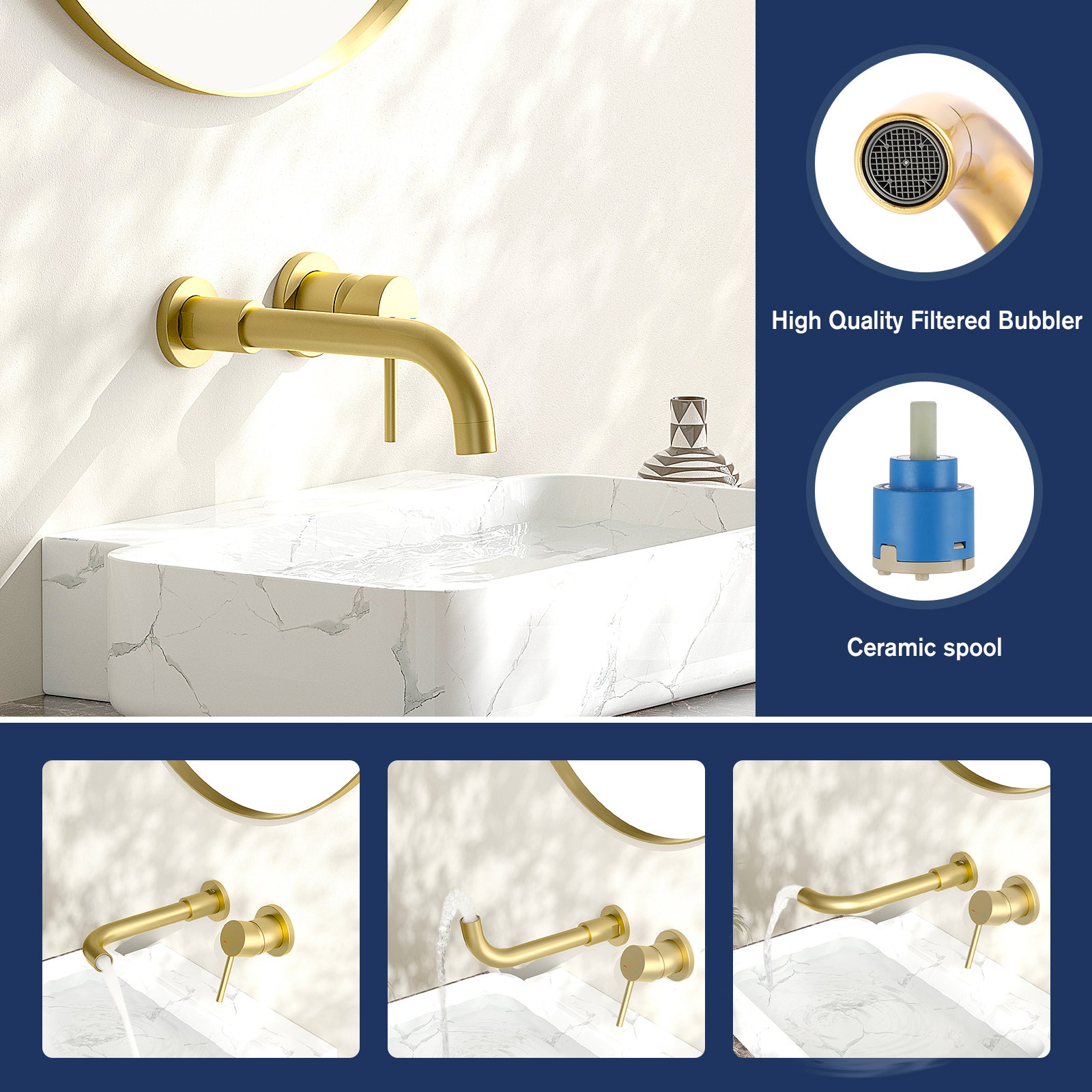 Wall Mount Faucet for Bathroom Sink or Bathtub, Single Handle 2 Holes Brass Rough-in Valve Included, Brushed Gold