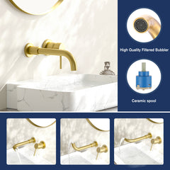 Wall Mount Faucet for Bathroom Sink or Bathtub, Single Handle 2 Holes Brass Rough-in Valve Included, Brushed Gold