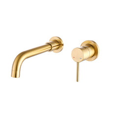 Wall Mount Faucet for Bathroom Sink or Bathtub, Single Handle 2 Holes Brass Rough-in Valve Included, Brushed Gold