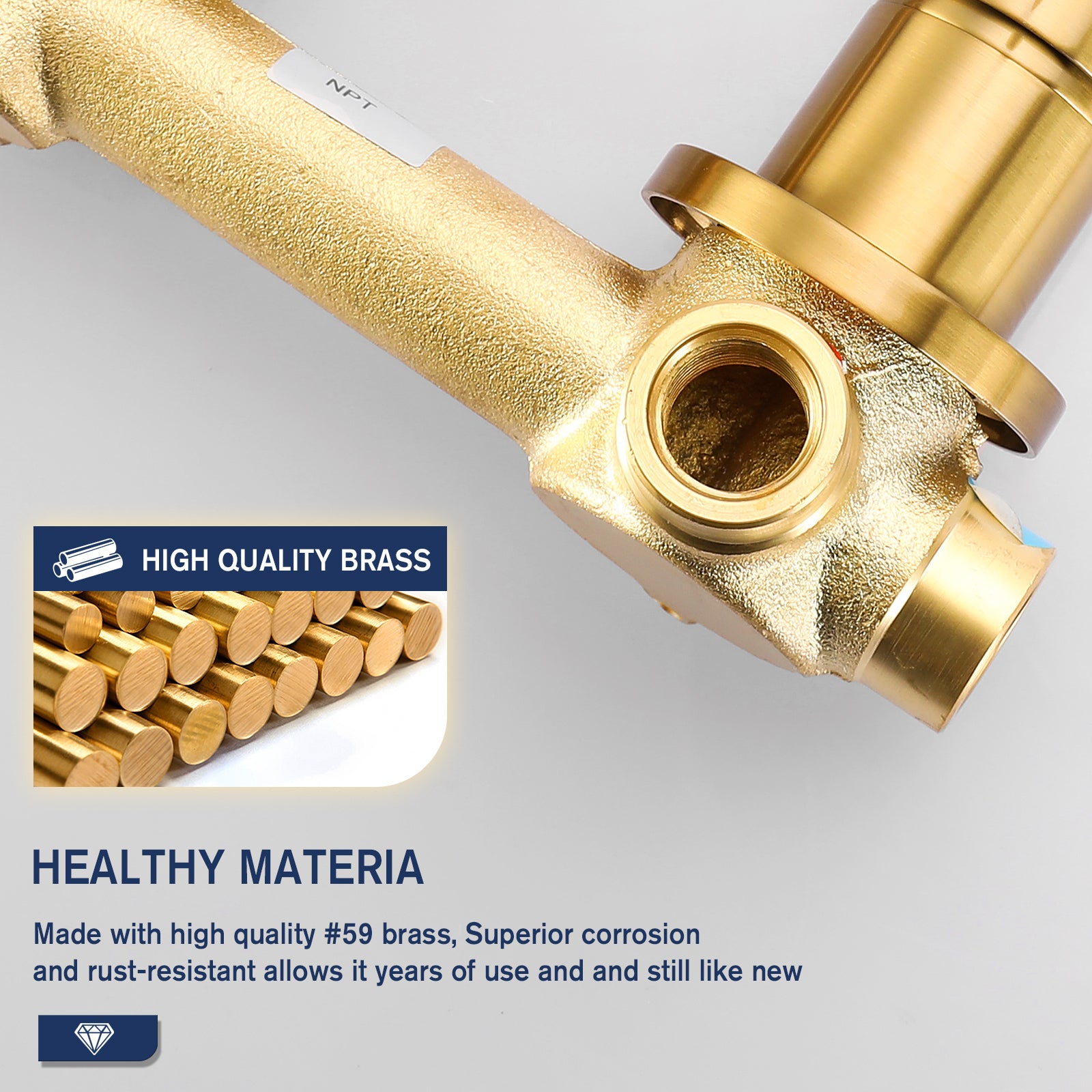 Wall Mount Faucet for Bathroom Sink or Bathtub, Single Handle 2 Holes Brass Rough-in Valve Included, Brushed Gold