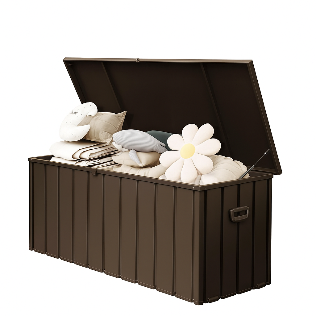 190 Gallon Metal Deck Box, Waterproof Steel Outdoor Box, Large Patio Furniture Storage Cabinet, Lockable Storage Bench for Porch Package Delivery, Pillows, Cushions, Pool, Tools, Backyard, Brown