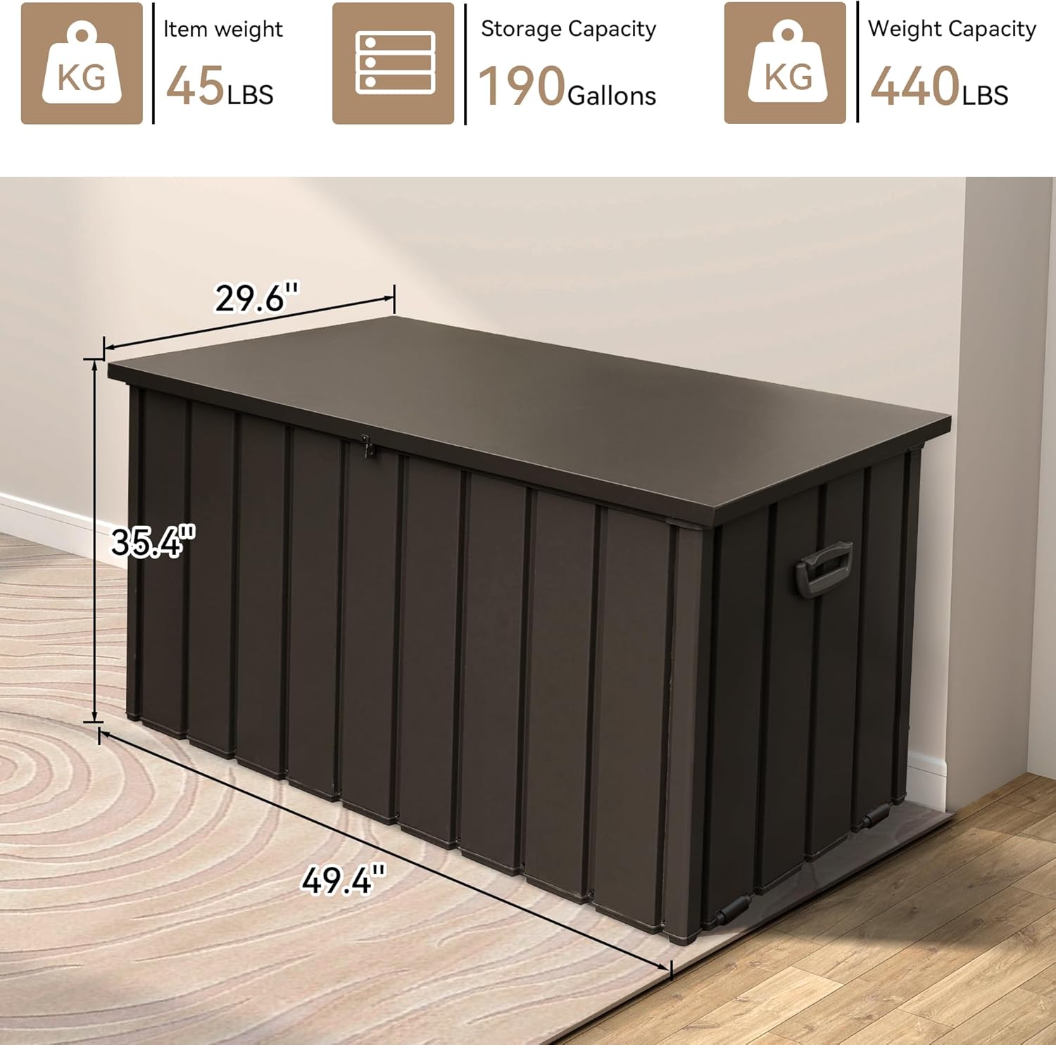 190 Gallon Metal Deck Box, Waterproof Steel Outdoor Box, Large Patio Furniture Storage Cabinet, Lockable Storage Bench for Porch Package Delivery, Pillows, Cushions, Pool, Tools, Backyard, Brown