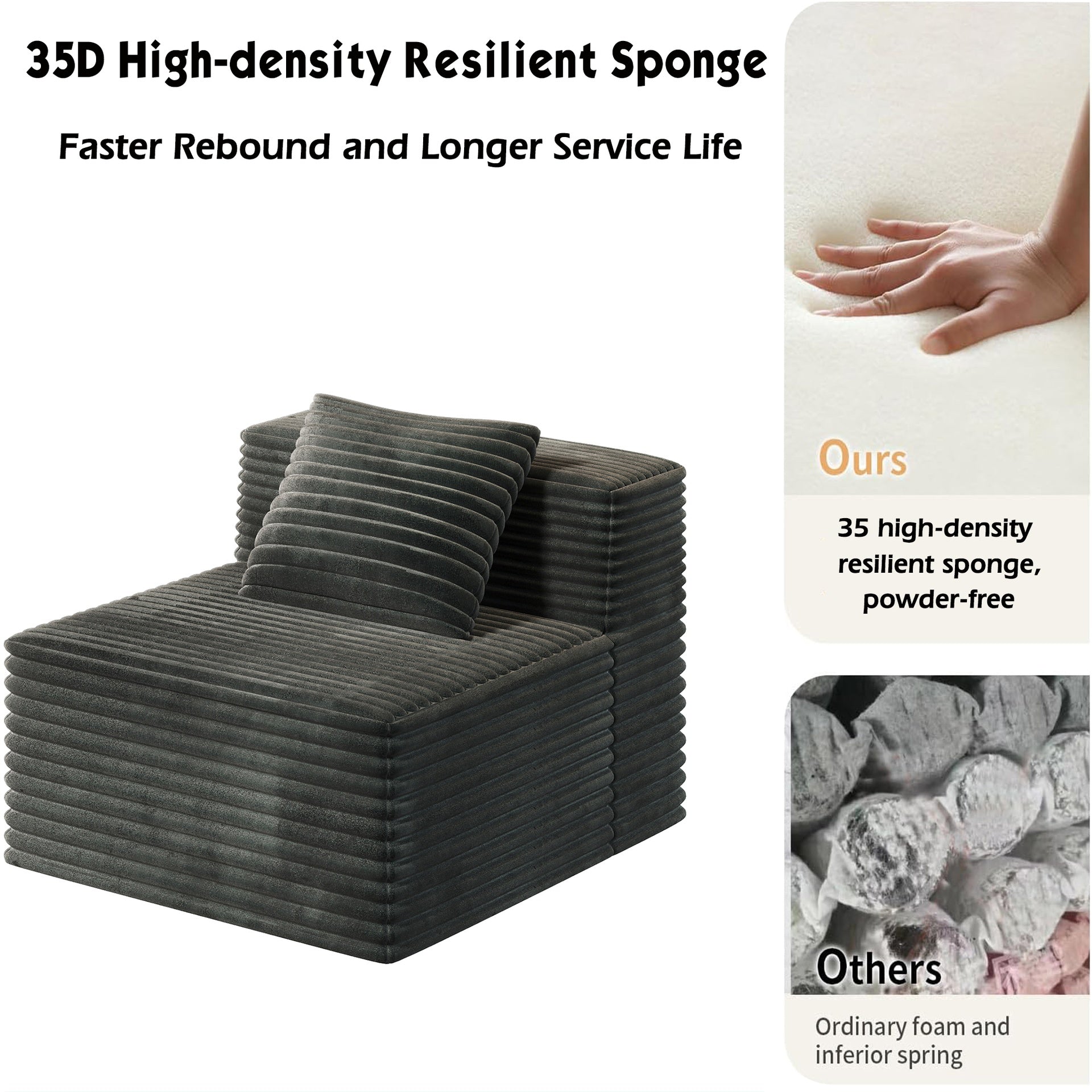 Single Sofa for Modular Sectional Sofa, High Density Memory Foam Couch Boneless Couch for Bedroom Living Room (Single Sofa)