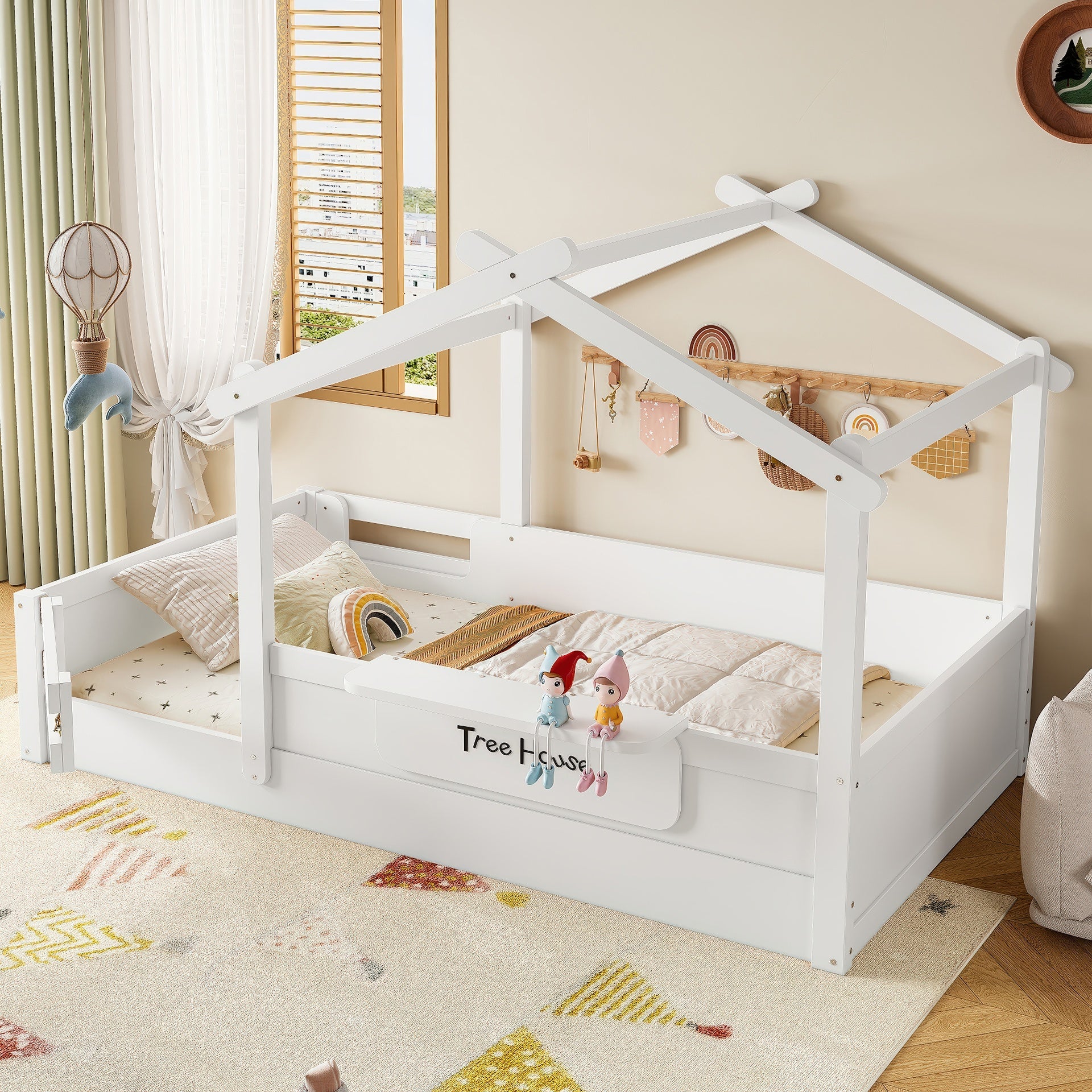 Twin Size Floor Bed with Guardrails and Roof, Kids House Floor Bed with a Small Built-in Tray and Free-installed Signboard, Childlike Design, White